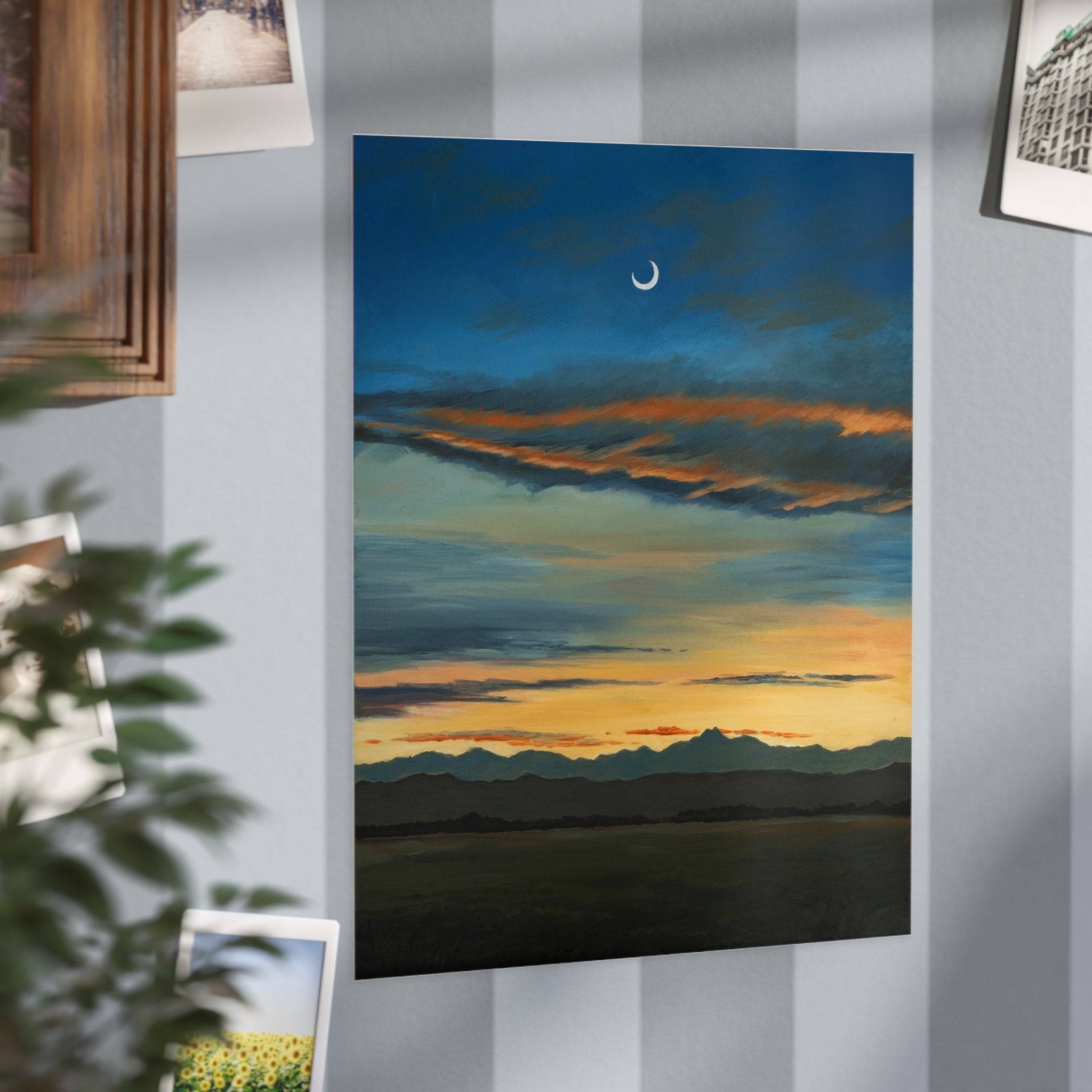 Sunset Crescent Moon Unframed Art Print — Serene Mountain Landscape Wall Art