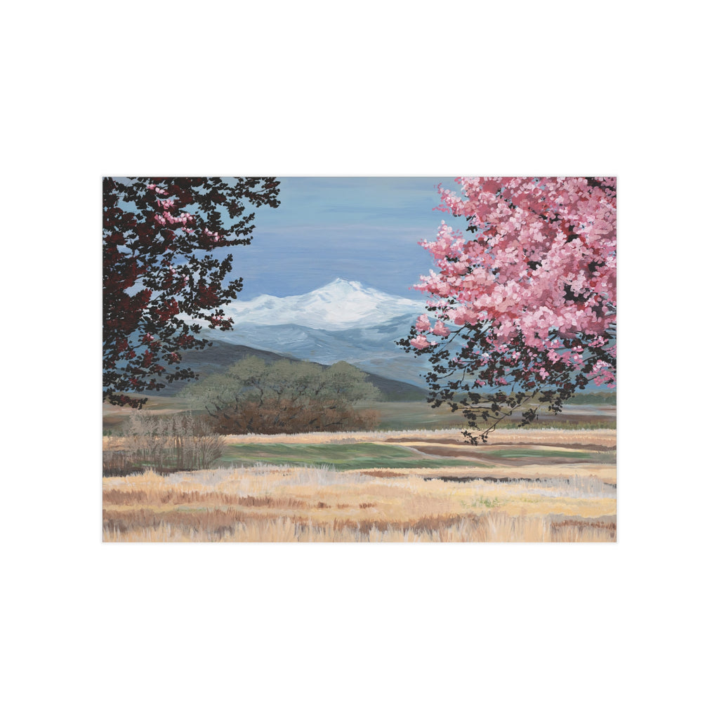 Spring Mountain Landscape Print — Cherry Blossom Field Unframed Art