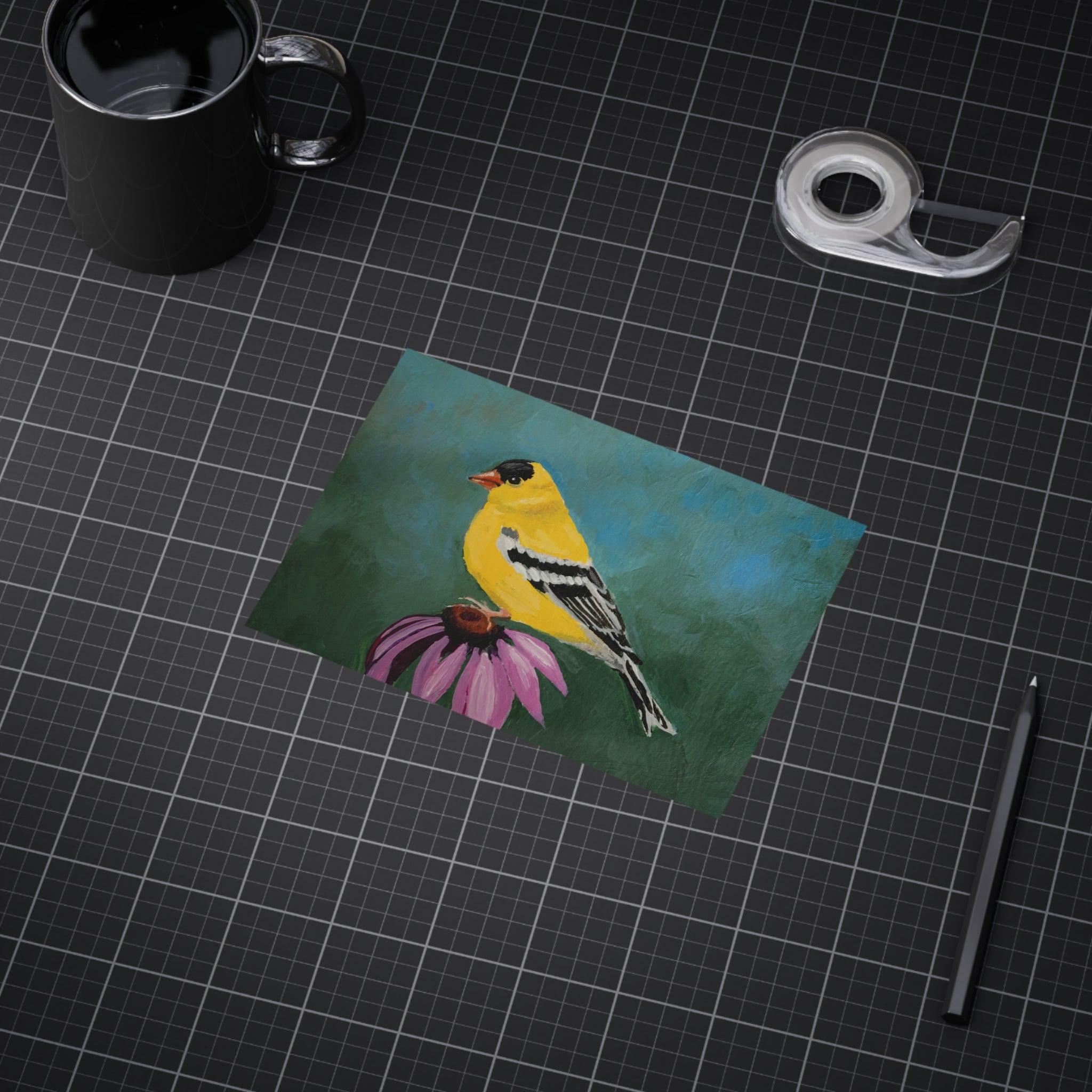 Goldfinch Art Print 5x7"— Yellow Bird Painting on Coneflower (Unframed)