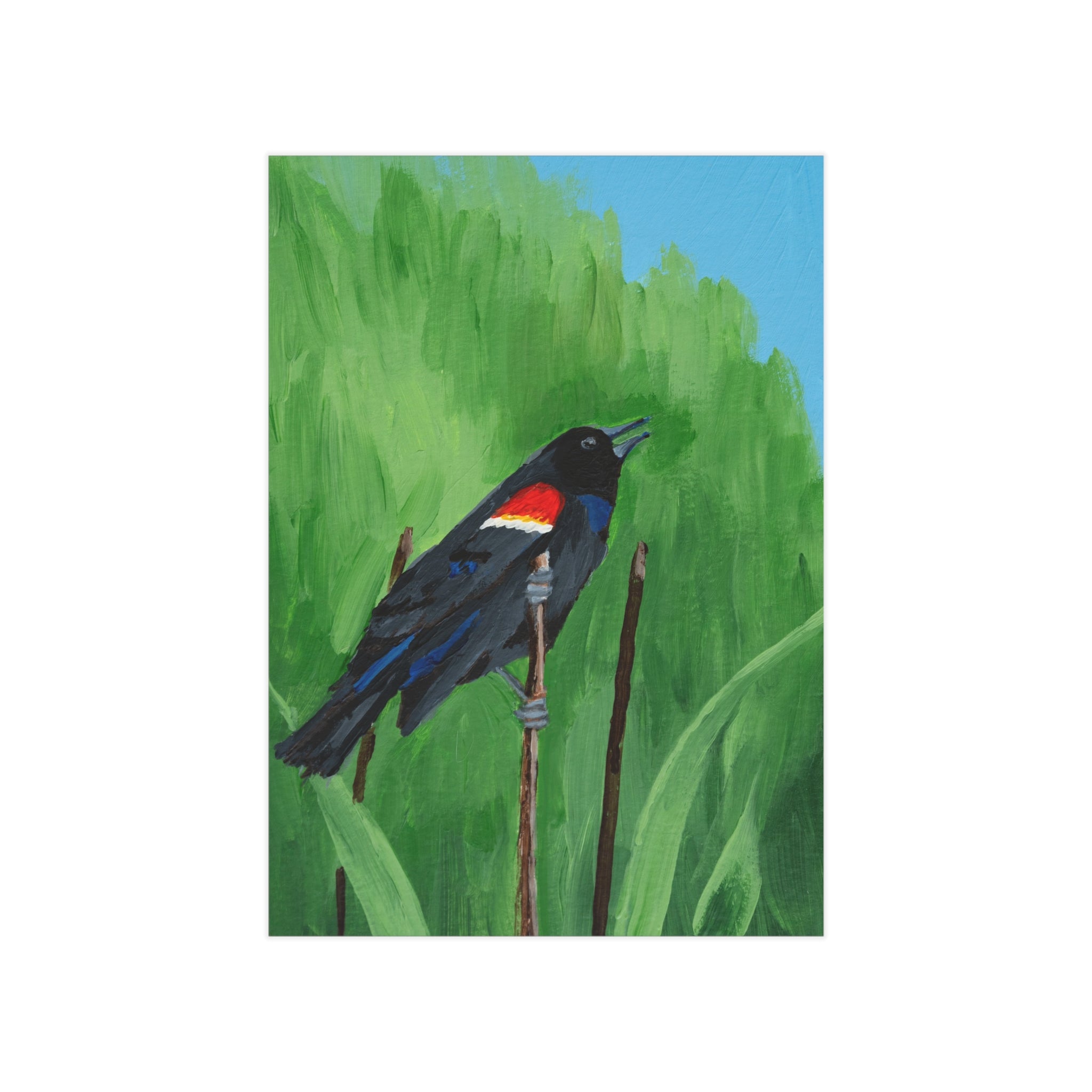 Red-winged Blackbird Art Print 5x7" — Hand-Painted Bird Illustration Wall Decor