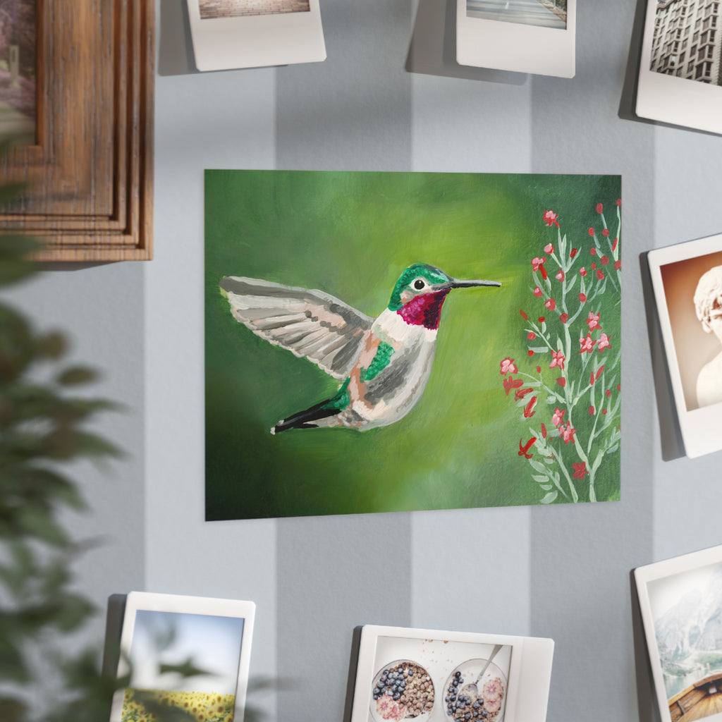 Hummingbird Floral Art Print 5x7" — Green Watercolor Unframed Wall Art