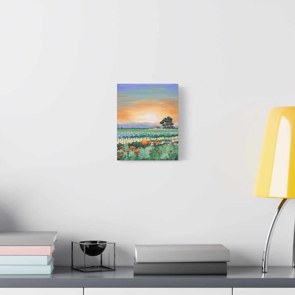 Sunset Flower Field Canvas Print — Stretched Matte Wall Art