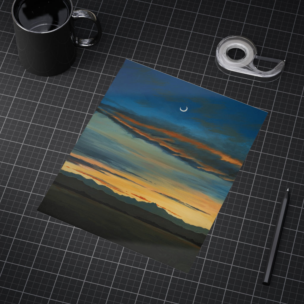 Sunset Crescent Moon Unframed Art Print — Serene Mountain Landscape Wall Art