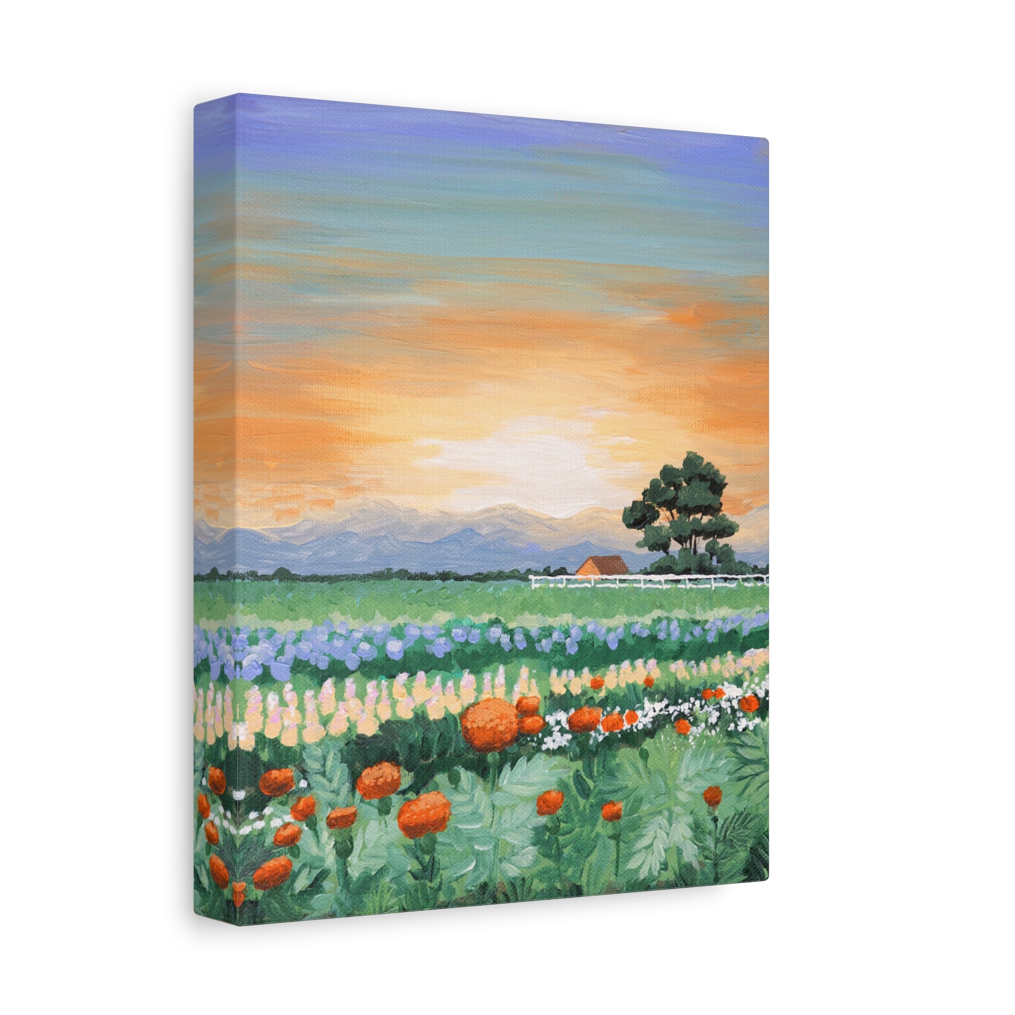 Sunset Flower Field Canvas Print — Stretched Matte Wall Art