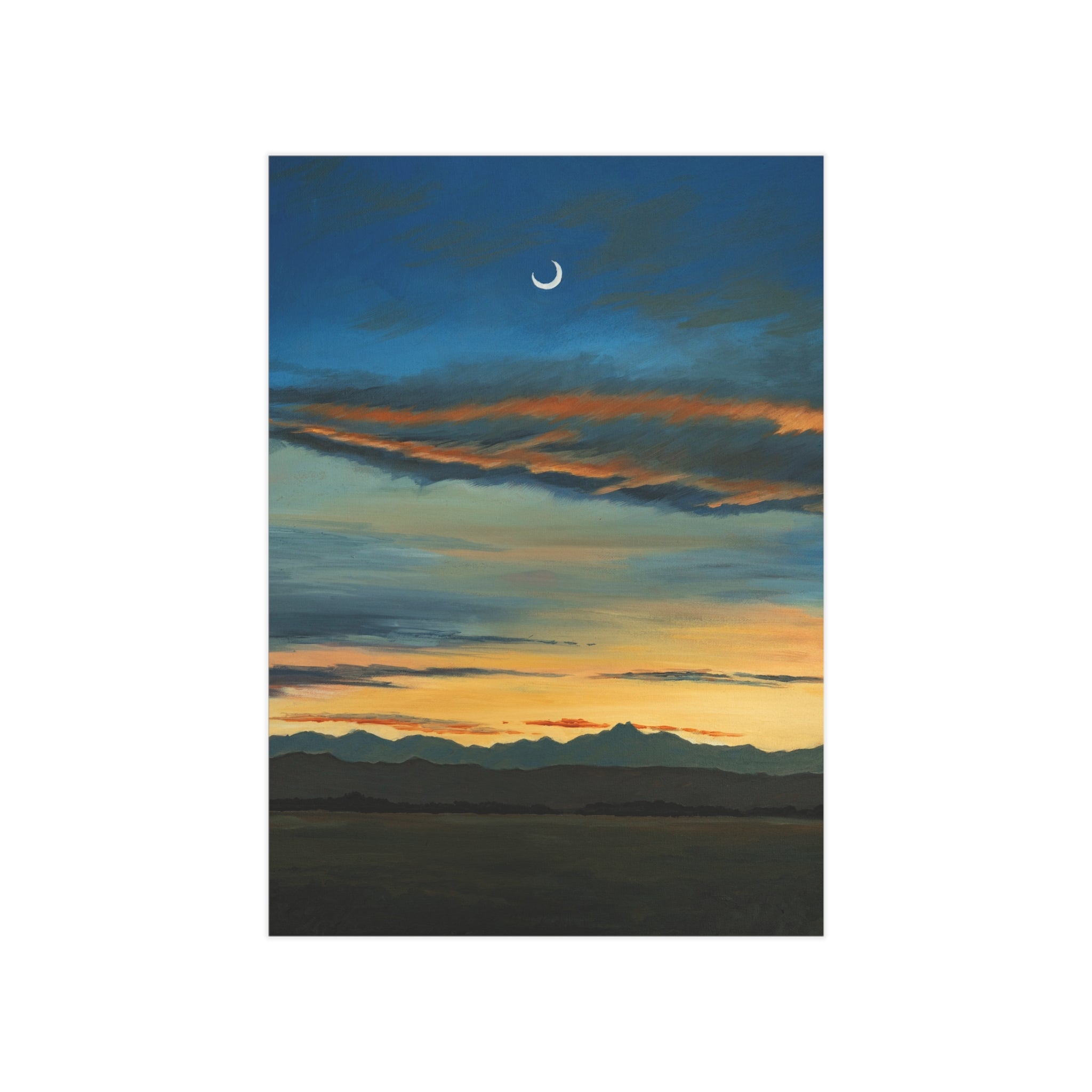 Sunset Crescent Moon Unframed Art Print — Serene Mountain Landscape Wall Art