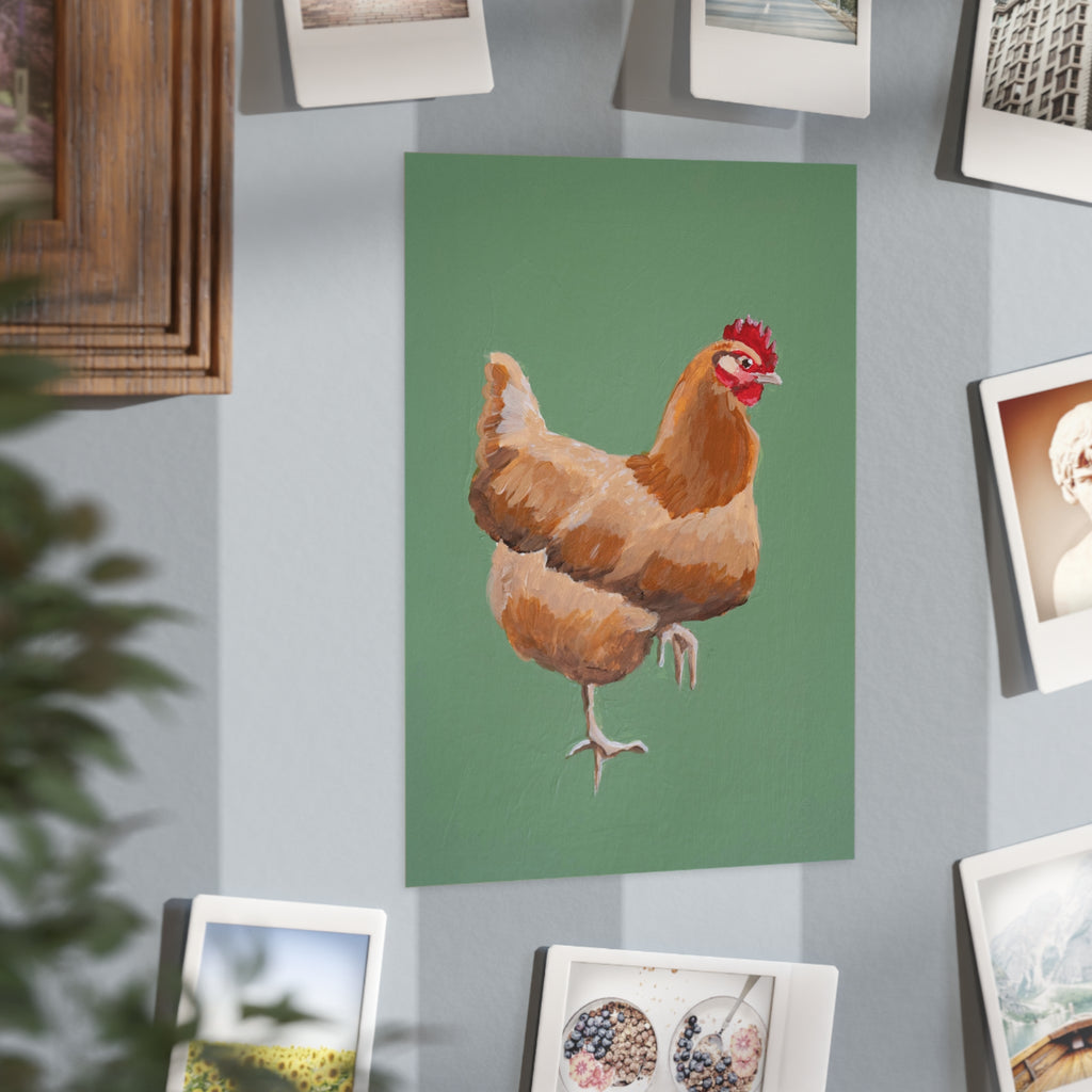 Chicken Art Print - Farmhouse Hen Illustration on Green Background