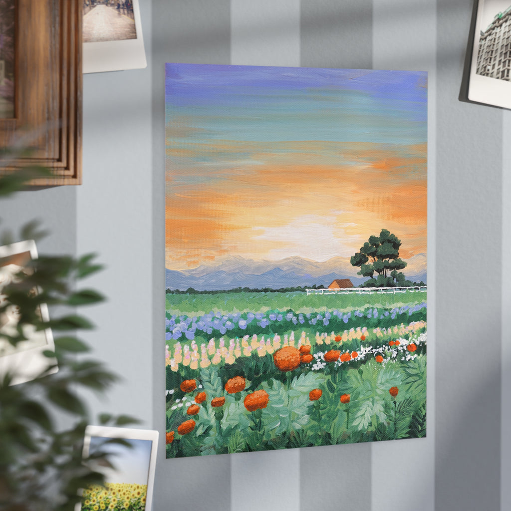 Sunset Flower Field Print — Unframed Landscape Art Print