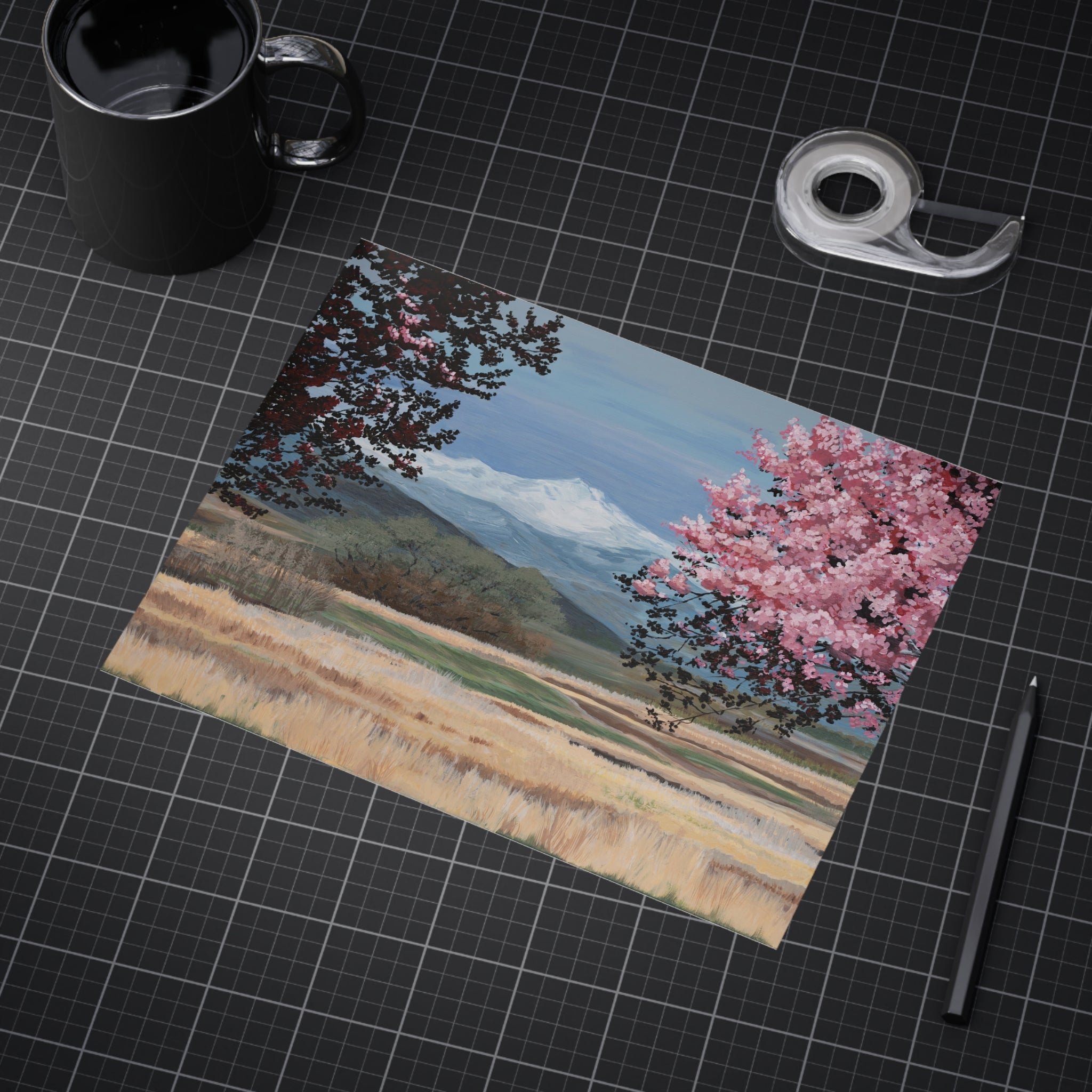 Spring Mountain Landscape Print — Cherry Blossom Field Unframed Art