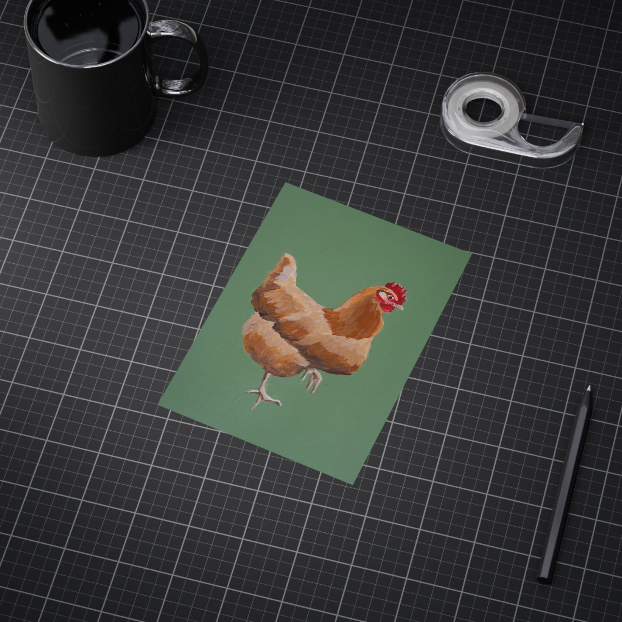 Chicken Art Print - Farmhouse Hen Illustration on Green Background