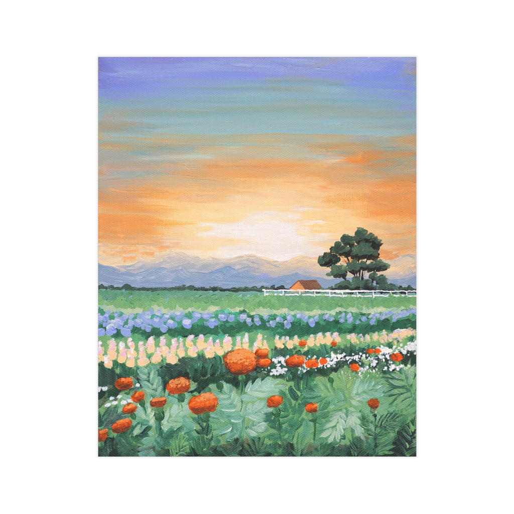 Sunset Flower Field Print — Unframed Landscape Art Print