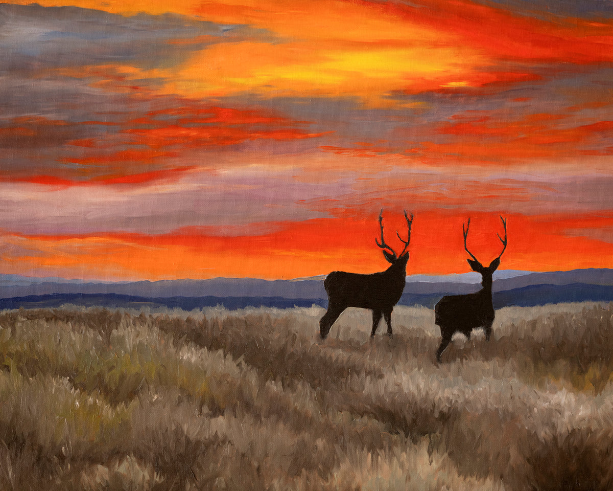 The Boys | Original Western Wildlife Oil Painting | Mule Deer at Sunset
