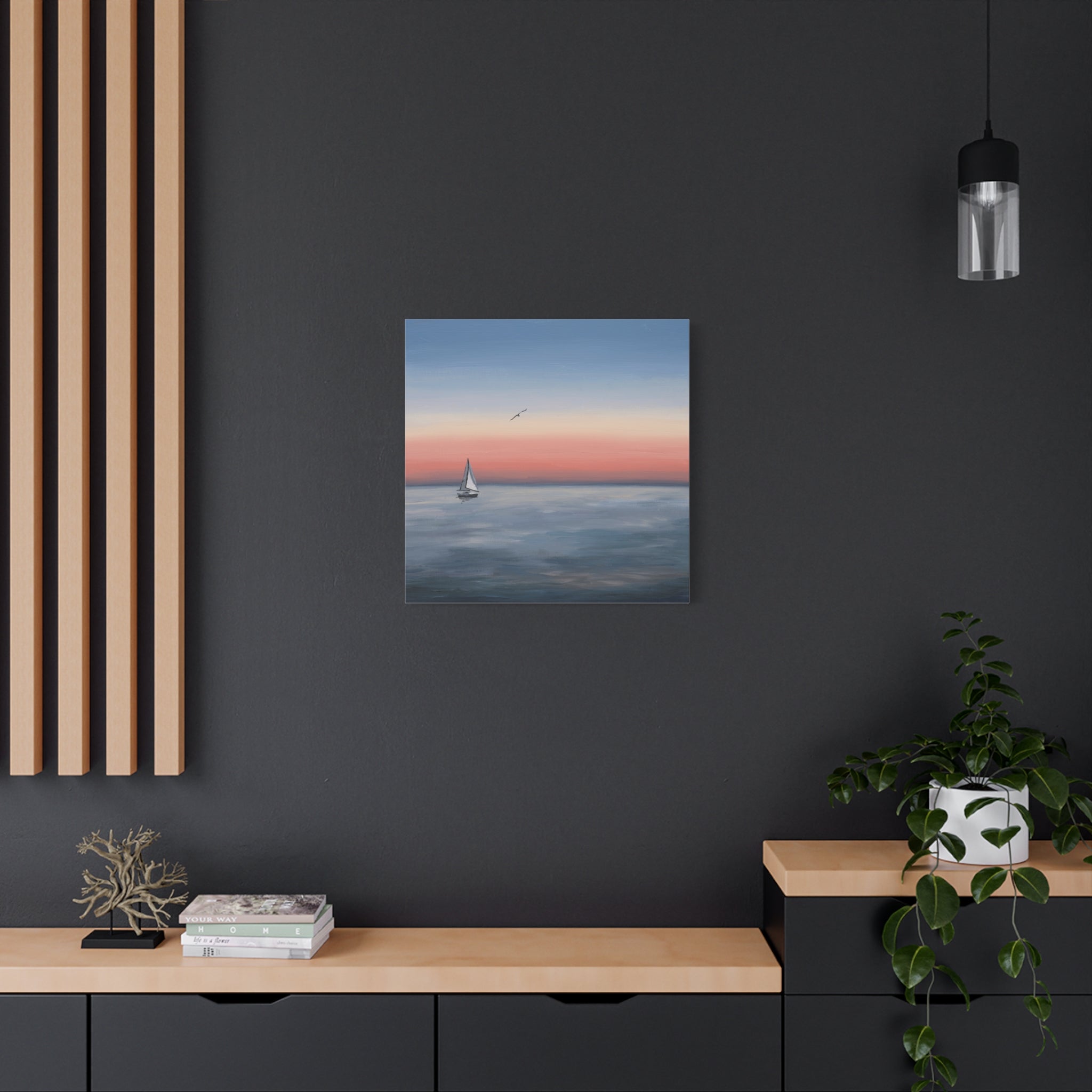 Seaside Serenity Matte Canvas Print — Sailboat Sunset Wall Art