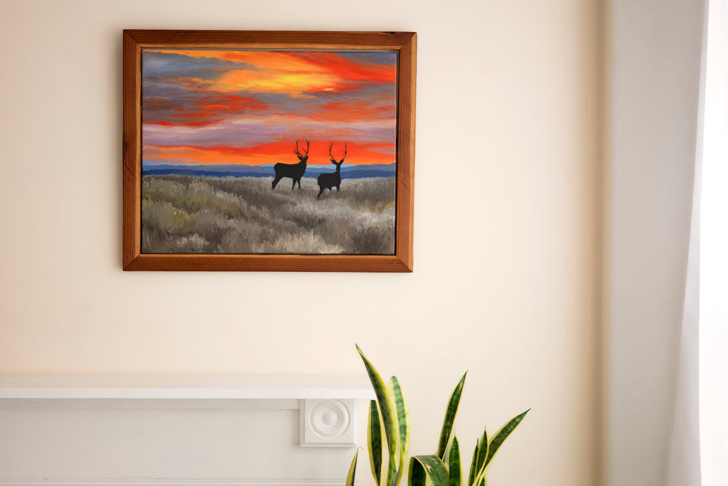 The Boys | Original Western Wildlife Oil Painting | Mule Deer at Sunset